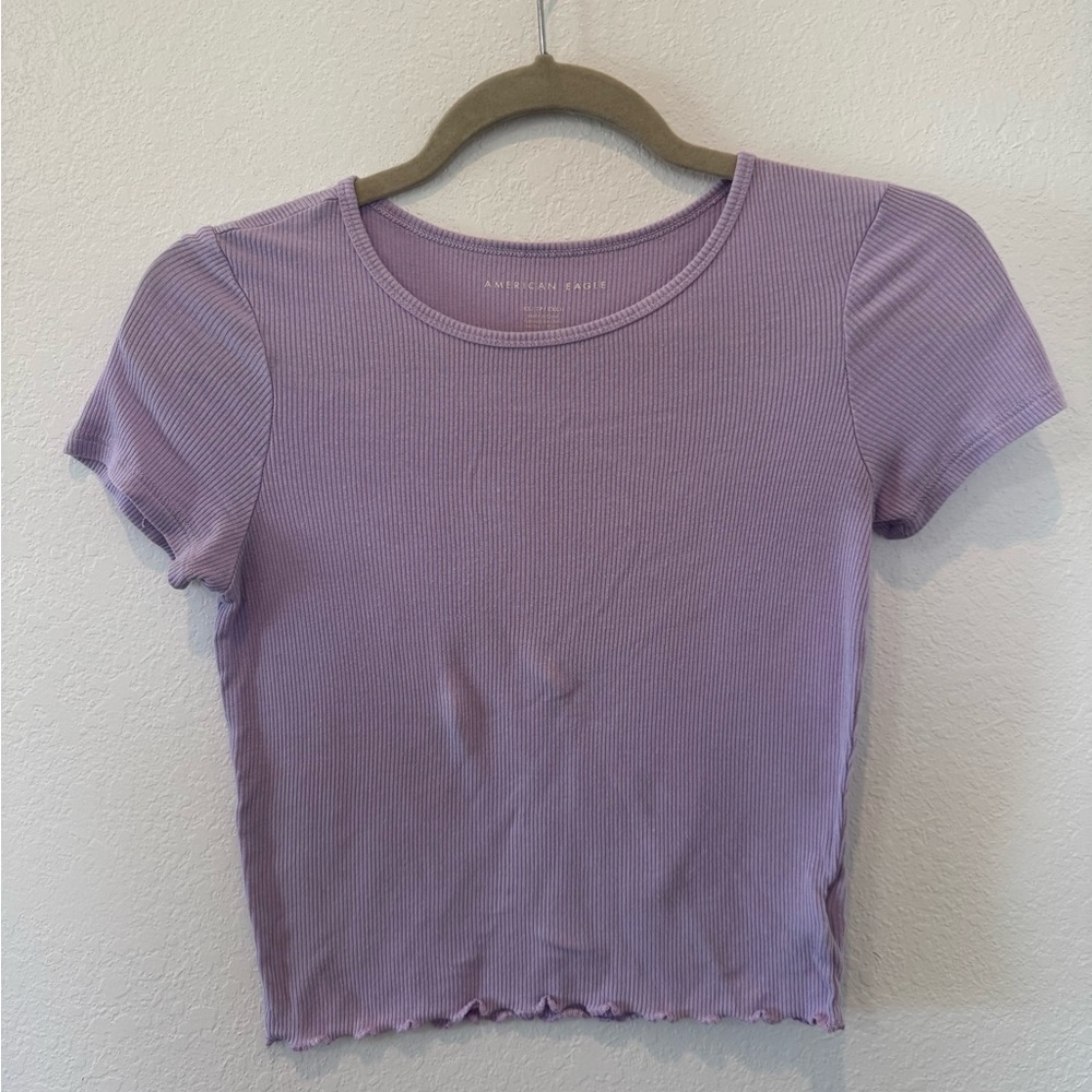 American Eagle Outfitters Lavender Ribbed Lettuce-Hem Crop Top